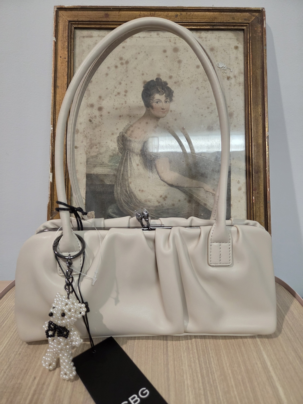 BCBG $108 PEARL BEAR CHARM ALMOND COLOR BAG